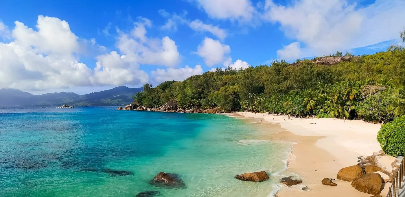 Wide view of Anse Soleil beach with white sand and turquoise Indian Ocean — closest beach to Maison Soleil at Maison Soleil, Anse Soleil, Seychelles