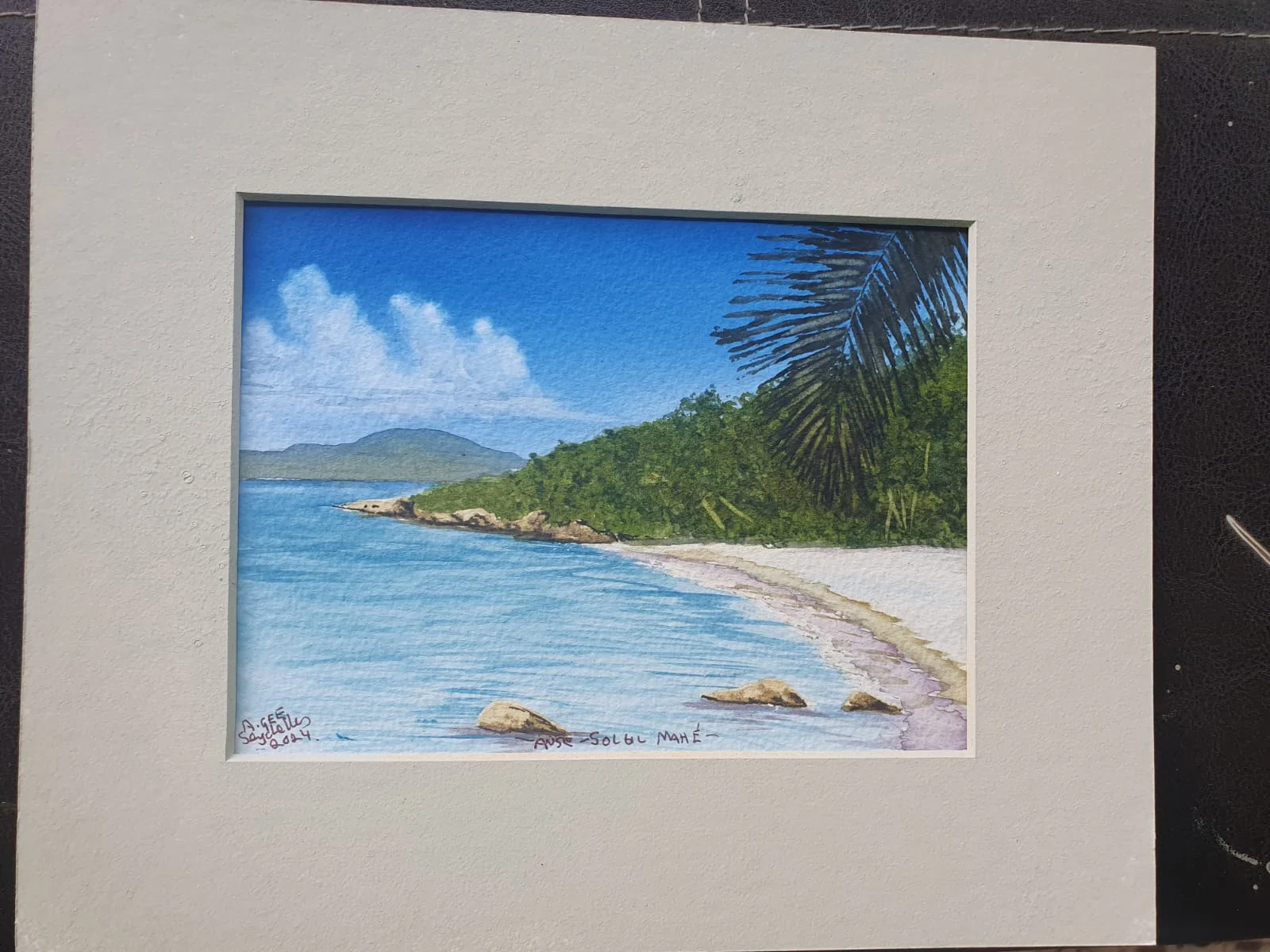 Watercolor of Anse Soleil beach with palm frond and turquoise bay — original artwork at Anse Soleil Art Studio at Maison Soleil, Anse Soleil, Seychelles (Andrew Gee, Seychelles)