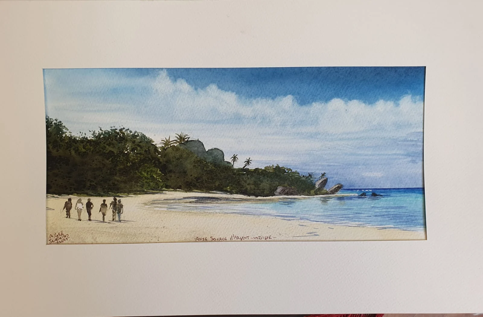 Watercolor of Anse Source d'Argent with granite rocks and palm trees — original artwork at Anse Soleil Art Studio at Maison Soleil, Anse Soleil, Seychelles (Andrew Gee, Seychelles)