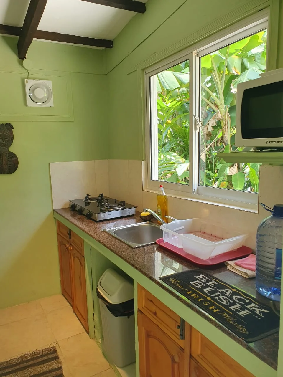 Equipped kitchenette with gas hob, microwave and window overlooking lush banana plants and garden greenery — Garden Suite 3 self-catering at Maison Soleil, Anse Soleil, Seychelles