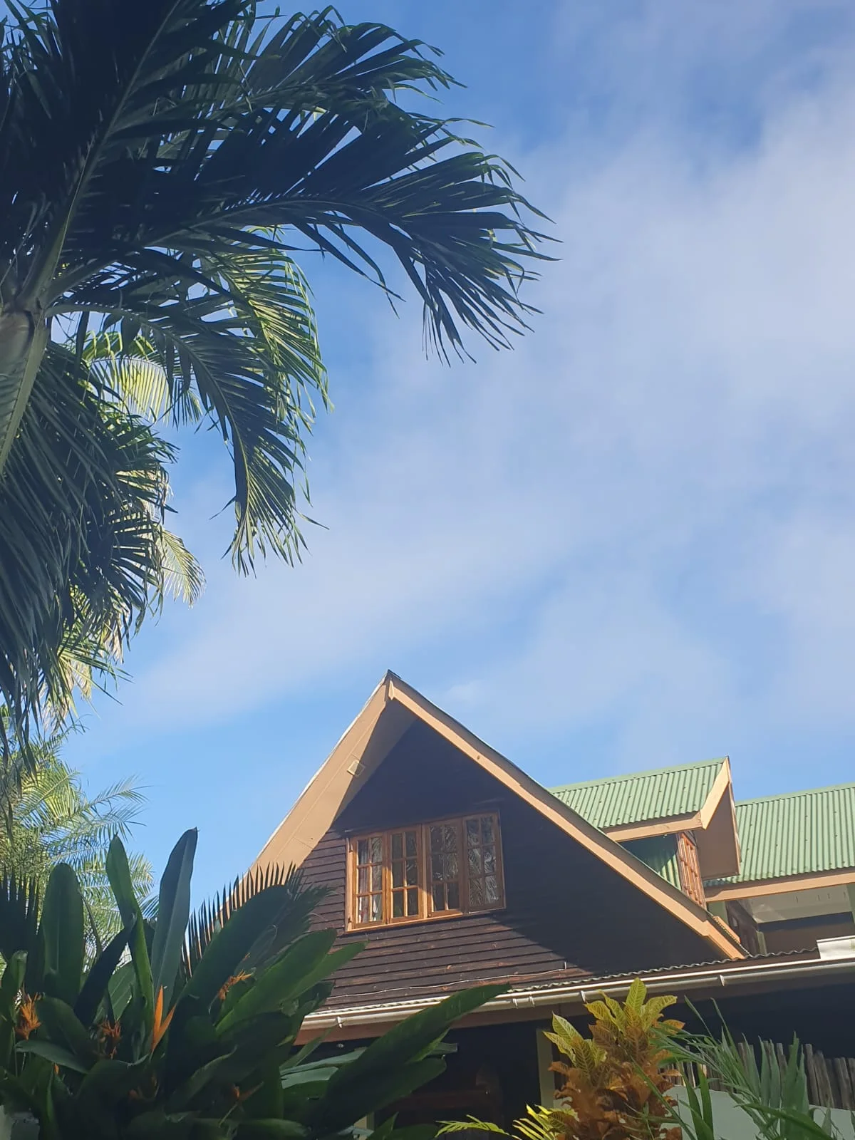 Dark wood villa gable with green corrugated roof framed by palm trees — Maison Soleil tropical architecture at Maison Soleil, Anse Soleil, Seychelles