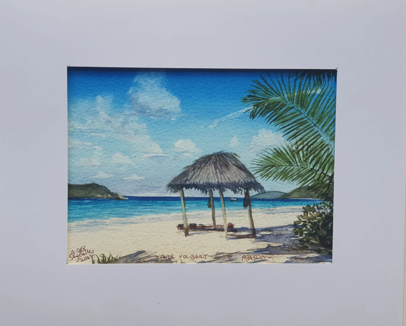Watercolor of Anse Volbert beach hut and turquoise water on Praslin — original artwork at Anse Soleil Art Studio at Maison Soleil, Anse Soleil, Seychelles (Andrew Gee, Seychelles)