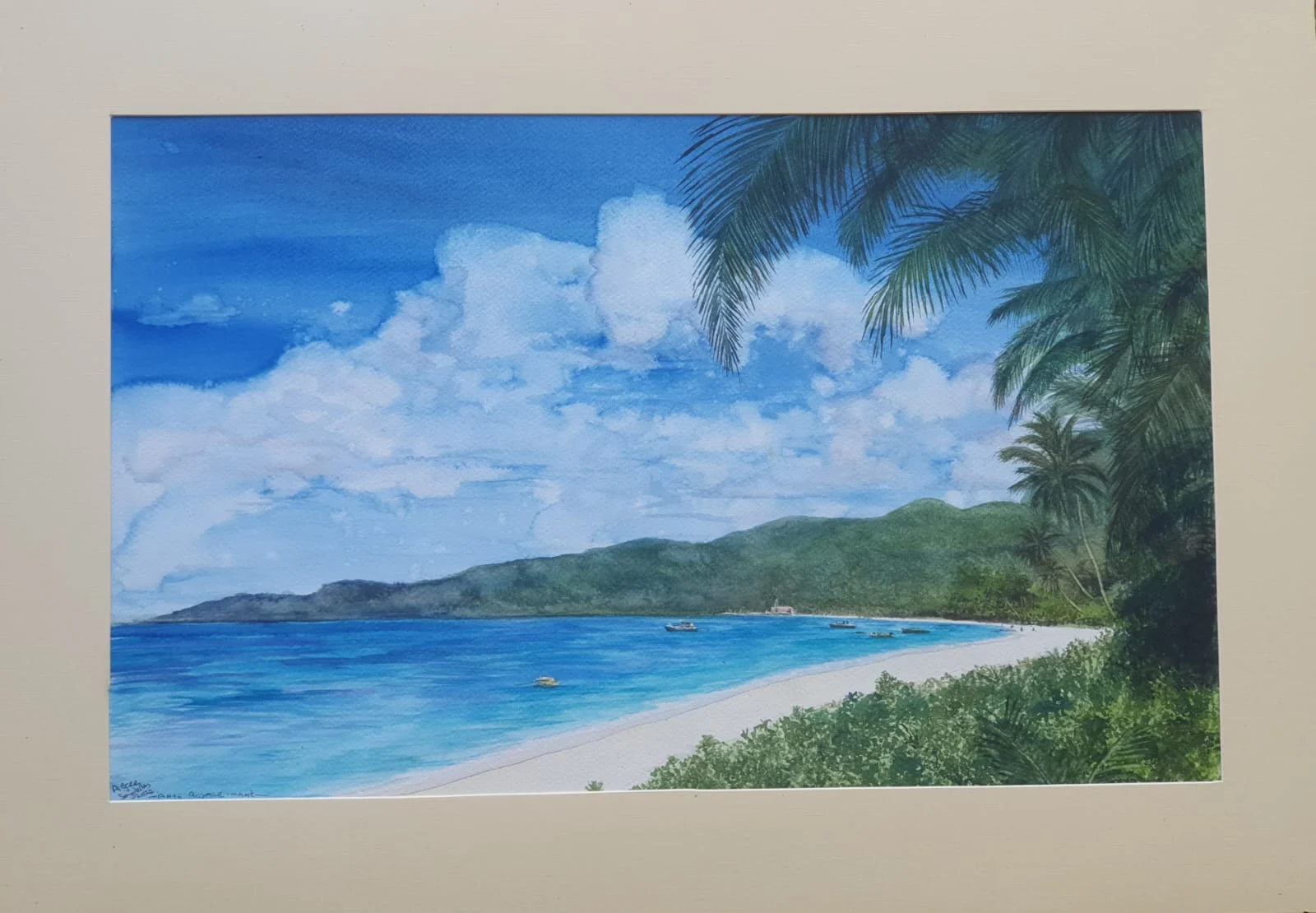 Watercolor of Baie Lazare bay with boats and palm trees — original artwork at Anse Soleil Art Studio at Maison Soleil, Anse Soleil, Seychelles (Andrew Gee, Seychelles)