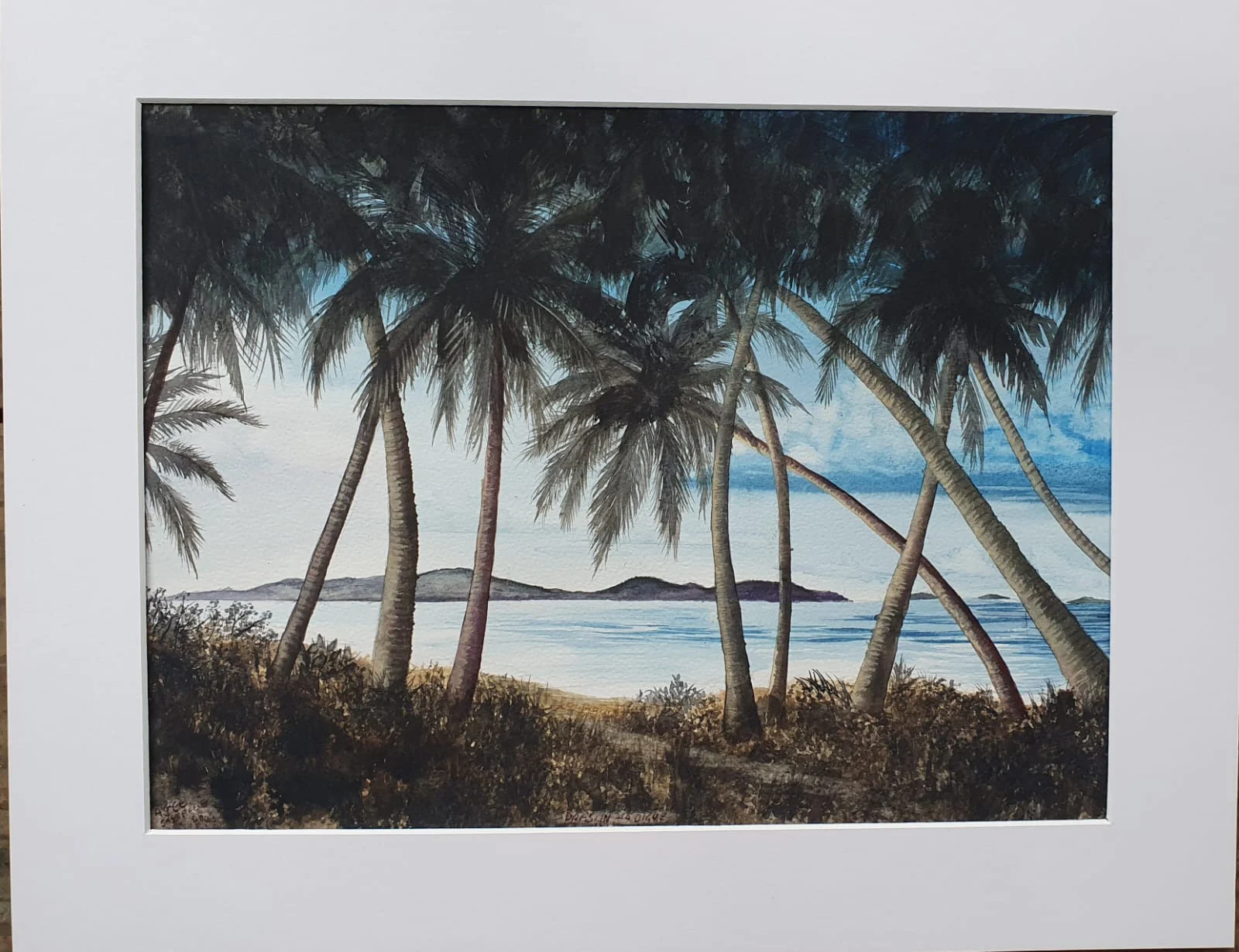 Watercolor of palm trees at Bassin La Digue — original artwork at Anse Soleil Art Studio at Maison Soleil, Anse Soleil, Seychelles (Andrew Gee, Seychelles)