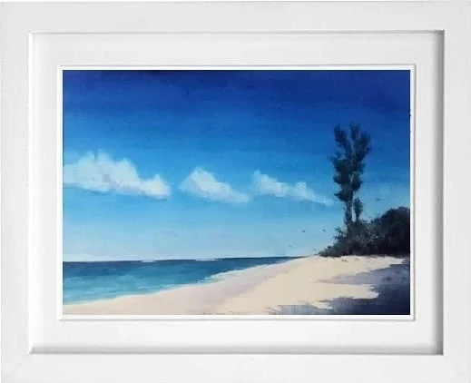 Framed watercolor of a tropical beach with turquoise water — original artwork at Anse Soleil Art Studio at Maison Soleil, Anse Soleil, Seychelles (Andrew Gee, Seychelles)