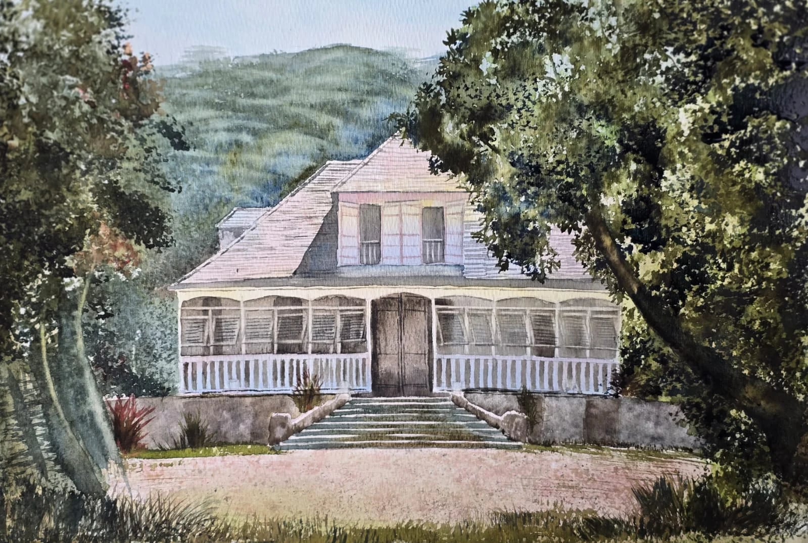 Watercolor of a colonial manor house among green hills — original artwork at Anse Soleil Art Studio at Maison Soleil, Anse Soleil, Seychelles (Andrew Gee, Seychelles)