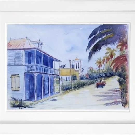 Watercolor of a blue colonial house on a tropical street — original artwork at Anse Soleil Art Studio at Maison Soleil, Anse Soleil, Seychelles (Andrew Gee, Seychelles)