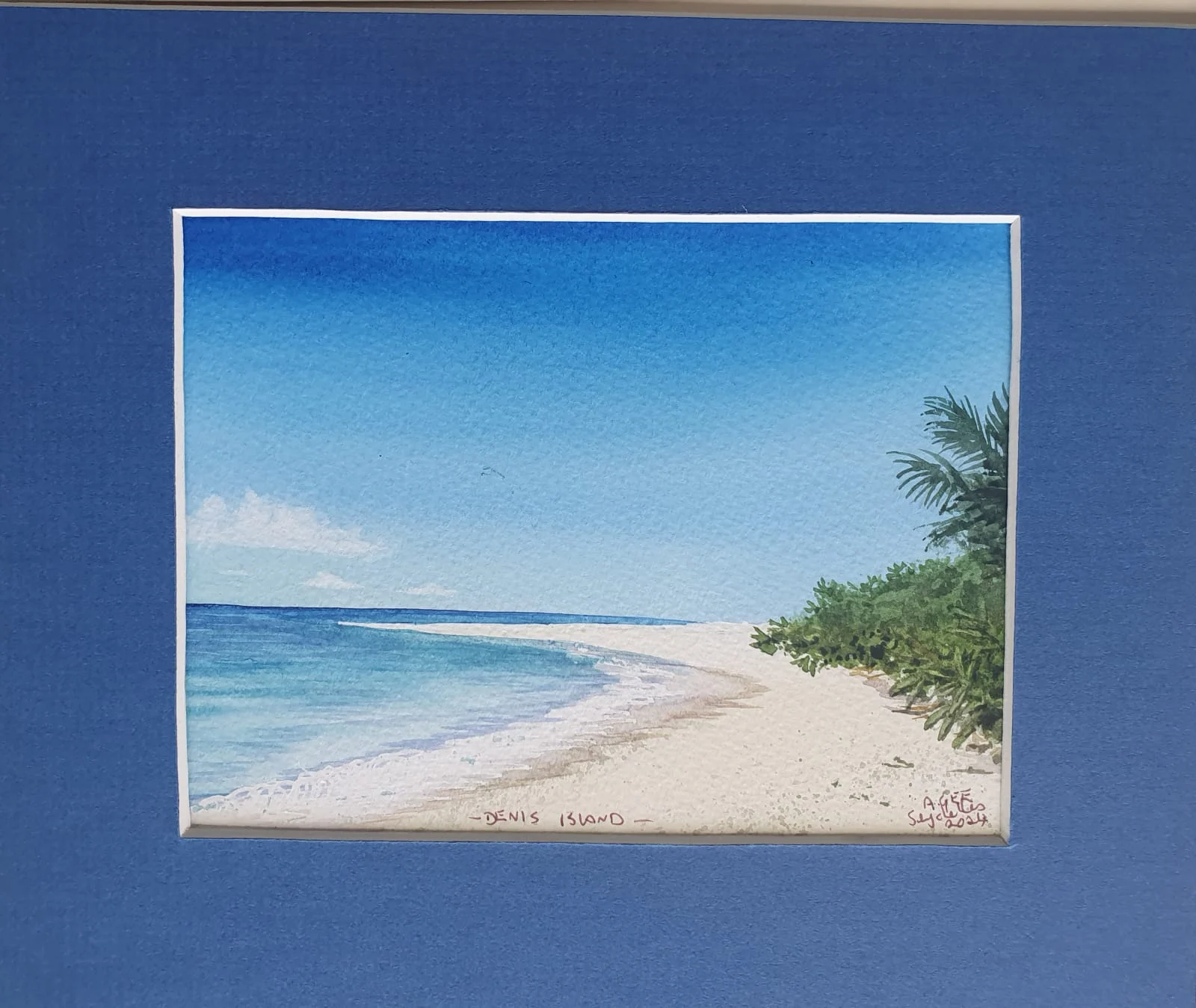 Watercolor of Denis Island beach and tropical vegetation — original artwork at Anse Soleil Art Studio at Maison Soleil, Anse Soleil, Seychelles (Andrew Gee, Seychelles)