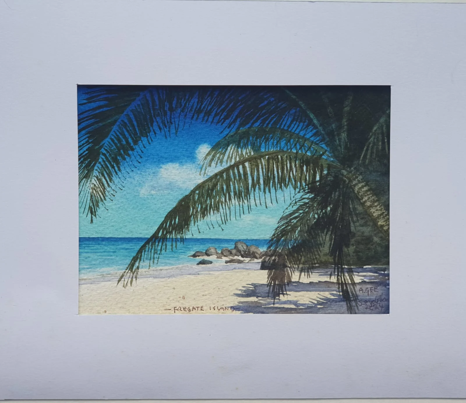 Watercolor of Frégate Island beach with palm tree shadows — original artwork at Anse Soleil Art Studio at Maison Soleil, Anse Soleil, Seychelles (Andrew Gee, Seychelles)