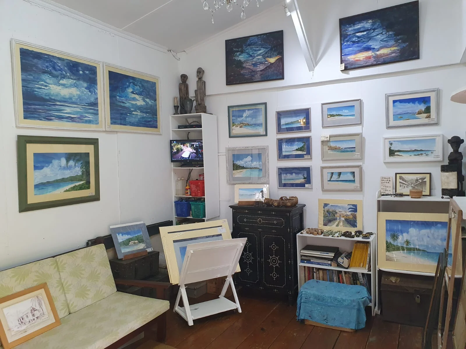 Andrew Gee art gallery interior with framed Seychelles watercolours — Anse Soleil Art Studio next to Maison Soleil at Maison Soleil, Anse Soleil, Seychelles