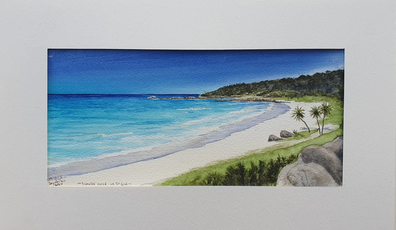 Watercolor of Grande Anse beach with granite boulders on La Digue — original artwork at Anse Soleil Art Studio at Maison Soleil, Anse Soleil, Seychelles (Andrew Gee, Seychelles)