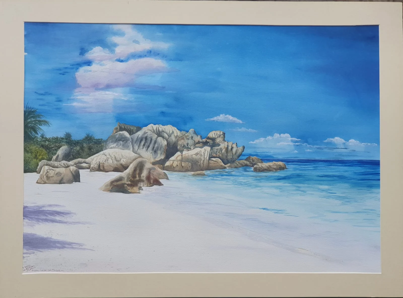 Watercolor of granite boulders on white sand at Anse Source d'Argent — original artwork at Anse Soleil Art Studio at Maison Soleil, Anse Soleil, Seychelles (Andrew Gee, Seychelles)