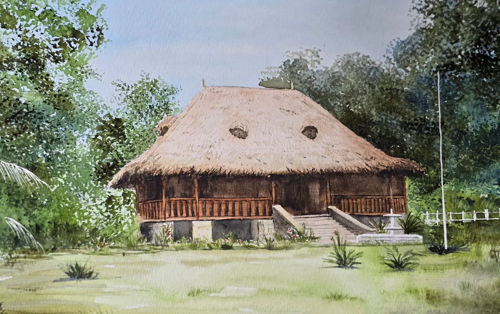 Watercolor of a traditional Seychellois thatched house in tropical gardens — original artwork at Anse Soleil Art Studio at Maison Soleil, Anse Soleil, Seychelles (Andrew Gee, Seychelles)