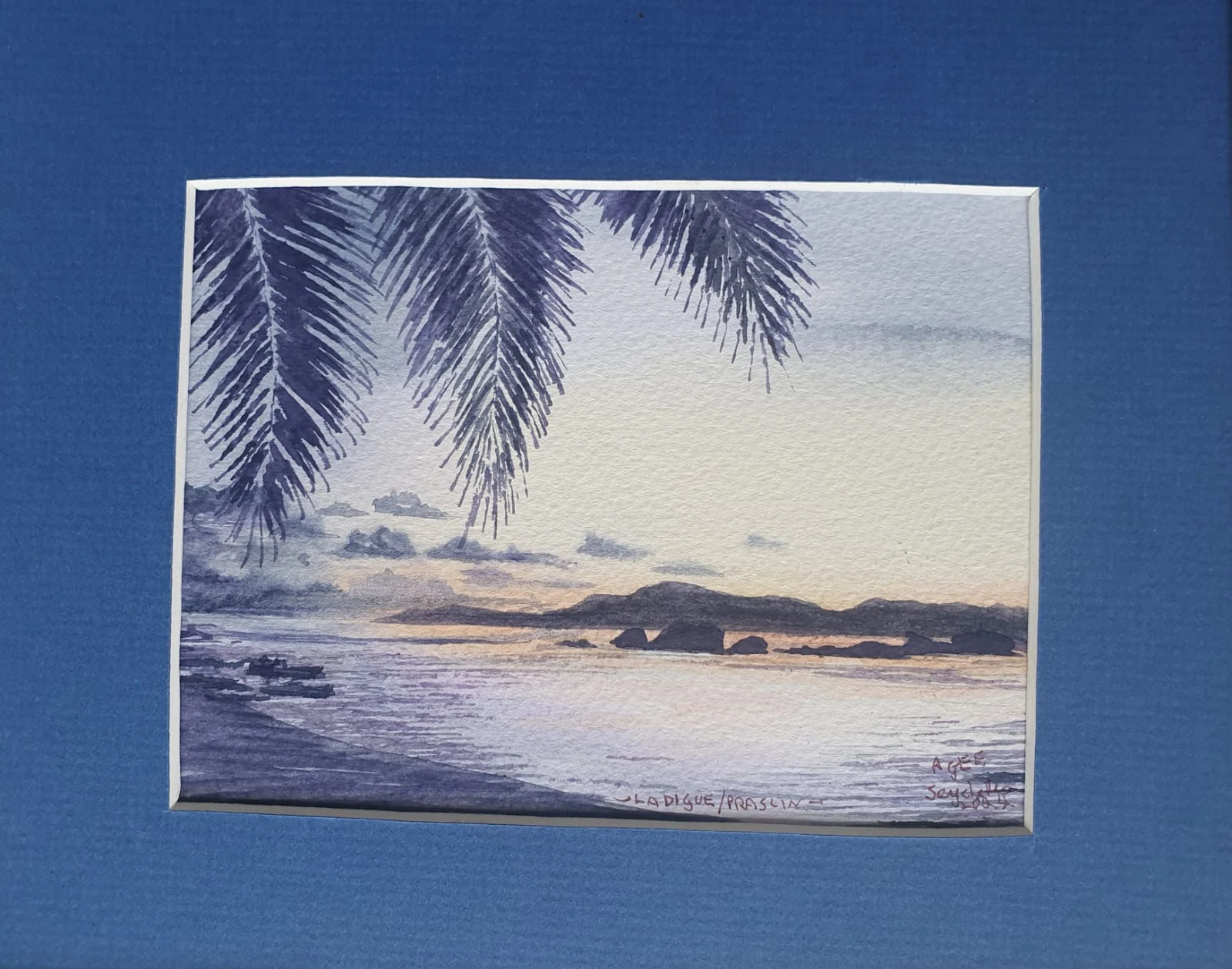 Twilight watercolor of La Digue and Praslin with palm fronds — original artwork at Anse Soleil Art Studio at Maison Soleil, Anse Soleil, Seychelles (Andrew Gee, Seychelles)