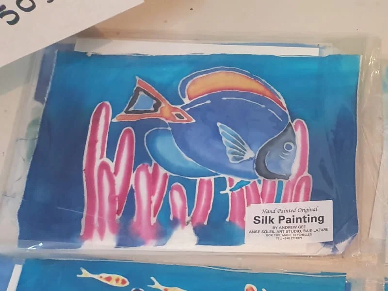 Small hand-painted silk painting of a tropical reef fish — original artwork at Anse Soleil Art Studio at Maison Soleil, Anse Soleil, Seychelles (Andrew Gee, Seychelles)