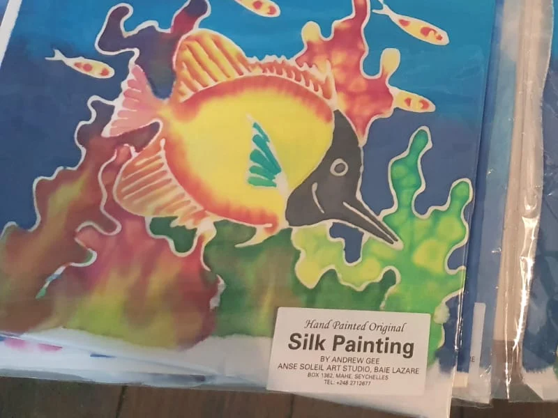 Hand-painted silk painting of a tropical butterflyfish — original artwork at Anse Soleil Art Studio at Maison Soleil, Anse Soleil, Seychelles (Andrew Gee, Seychelles)