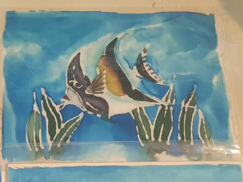 Hand-painted silk painting of a Moorish idol fish — original artwork at Anse Soleil Art Studio at Maison Soleil, Anse Soleil, Seychelles (Andrew Gee, Seychelles)